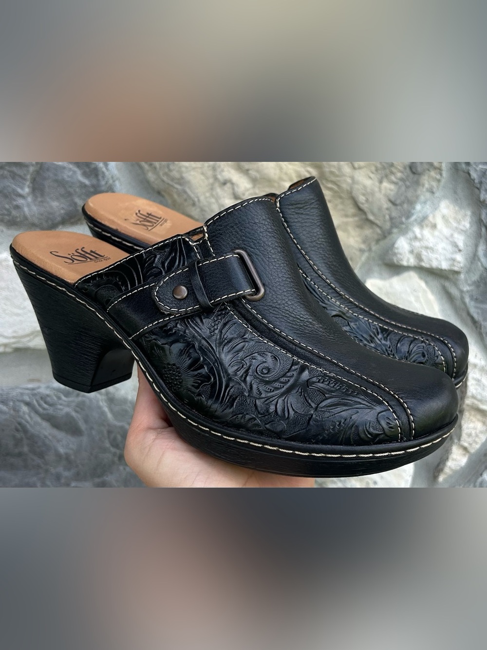 Sofft Tooled Leather Heeled Mules Size 8.5 Black Slip On Western Rustic Elegant